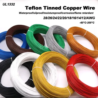 FEP PTFE Insulated Copper Wire Cable 28/26/24/22/20/18/16/14/12 AWG 11 Colours • £3.11