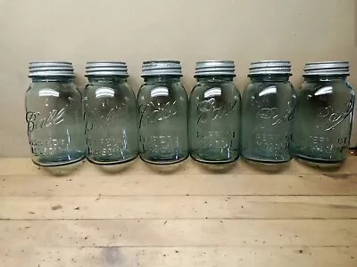 Lot Of 6 Vintage Ball Perfect Mason Blue Glass Quart Canning Jars W/ Zinc Lids • $25