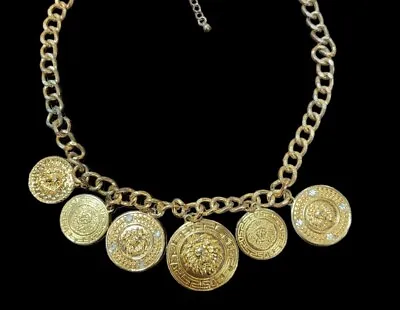 Lion Head Necklace Round Gold Tone Rhinestones Circular Vintage  • $35