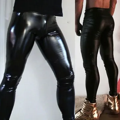 Mens Faux-Leather Wet Look Pants Tight Leggings Long Trousers Night Club Party • £13.55