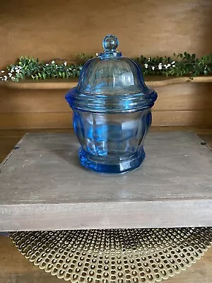 Vtg Indiana Glass Blue Paneled Apothecary Storage Jar Canister W Lid 8” Tall USA • $18.99