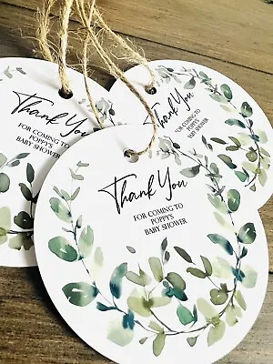 5 Personalised Round Eucalyptus Green Baby Shower Gift Tags Labels Unisex Tags • £1.50