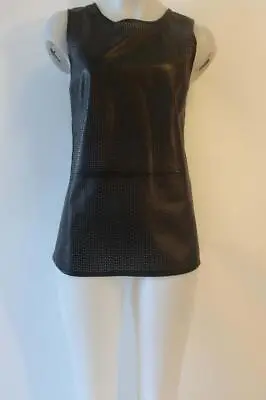 Women Vince Black Die Cut Leather Silk Mixed Media Sleeveless Top 8 * • $24.99