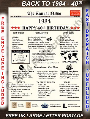 40th Happy Birthday Gift Born In 1984 Present Party Decor News Poster 40 Years • £5.99