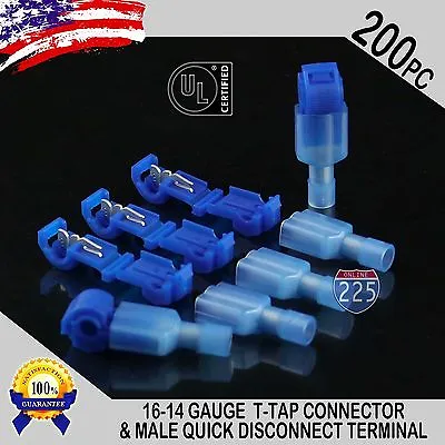 (200) T-Taps + Male Disconnect Wire Connectors Blue 16-14 AWG Gauge Terminals UL • $16.99