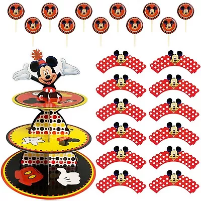 3-Tier Mickey Cupcake Stand Toppers& Wrappers Cartoon Mouse Birthday Party Decor • $9.99