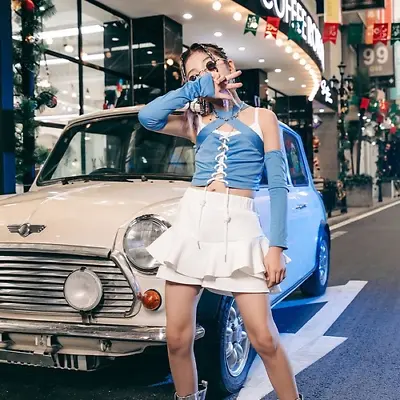 Jazz Girls Catwalk Show Outfits Blue Tops Skirt Street Dance Hip Hop Clothing • $132.14
