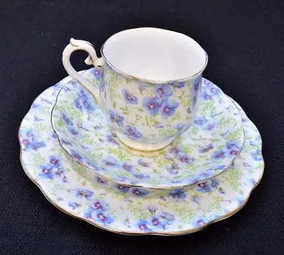 Vintage ROYAL ALBERT Bone China England BLUE PANSY CHINTZ Trio Cup Saucer Plate • $89.99