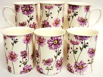 Japanese Anemone Mugs Set 6 Fine Bone China Floral Castle Cups Hand Decorated UK • £29.90