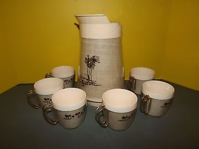 Vintage MCM H.F.C Wooven Burlap Pitcher & 6 Matching Cups W/Palm Trees - M/I USA • $37.50