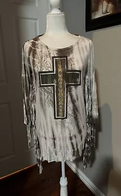 VOCAL Women’s Fringe Tunic/Top Embellished Rhinestone Cross 3/4 Sleeve Sz M • $44.99