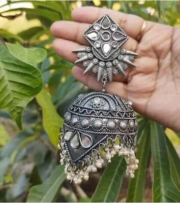 Bollywood Indian Silver Plated Oxidised Heavy Mirror Jhumka Designer Earrings • $28.28