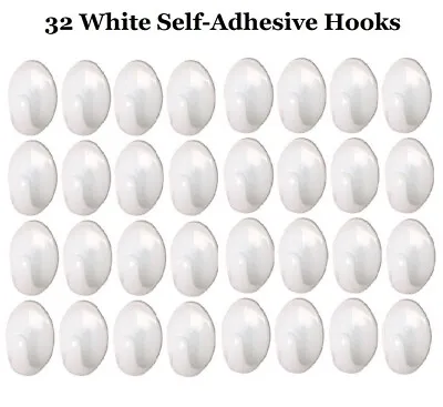 32 X OVAL SELF ADHESIVE WALL HOOKS White Sticky Coat Robe Peg Hanger Wall Hooks • £3.50