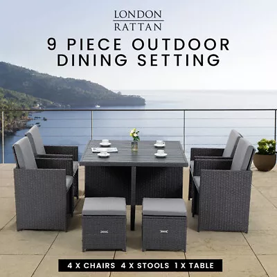 $869 • Buy LONDON RATTAN 9pc Outdoor Dining Table Setting And Chairs Furniture Wicker Set