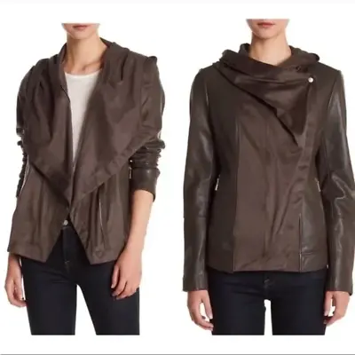 Vince Camuto Leather Jacket Chocolate Brown Moto Draped Front Medium • $150