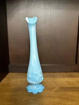 Fenton Blue Marble Milk Glass Cabbage Rose Bud Vase ~ 9.5” Tall Fluted / Swung • $19.99