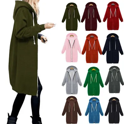 Mid-Length Womens Zip Up Hooded Long Sleeve Jacket Ladies Hoodie Cardigan Coats • £16.99