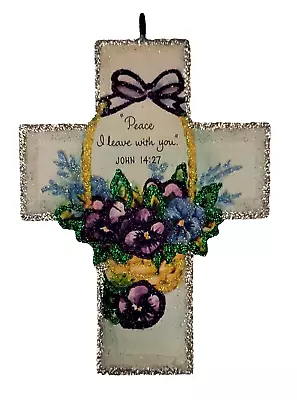 CROSS W BASKET Of VIOLETS PEACE With YOU *  Glitter EASTER ORNAMENT  *  Vtg Img • $10.50