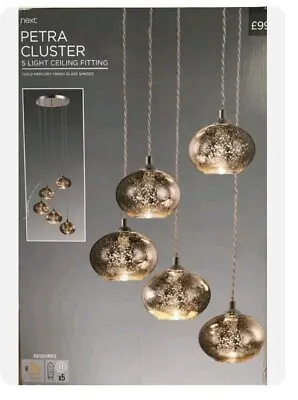 £80 • Buy Next Petra 5 Light Cluster Gold Pendant Ceiling Lightning Glass Shades