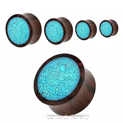 PAIR Organic Sono Wood With Crushed Turquoise Center Saddle Ear Plugs 2G To 1   • $7.59