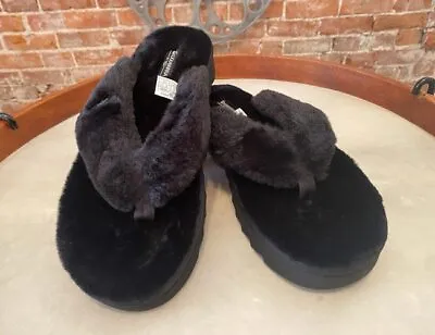 Koolaburra UGG Black Faux Fur Thong Sandals Furr-ee 10 New Flip Flop Spa Slipper • $39.95