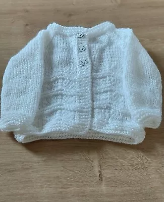 Hand Knitted Baby Cardigan In White Size 0-3 Months • £3