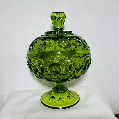 L.E. Smith Green Art Glass Moon And Stars 7 Inch Tall Candy Dish Compote MCM • $25