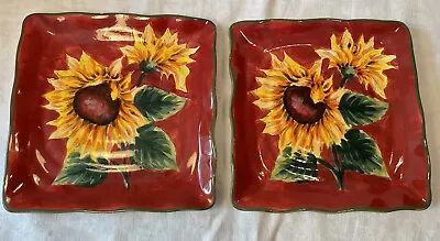 2 Maxcera Corp Red/Yellow Sunflower Square Dinner Plates 8 1/2” Ceramic No Chips • $22