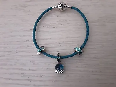 Pandora Leather Braided Bracelet With 2 Clips And Dangle Charm. Teal. • £40