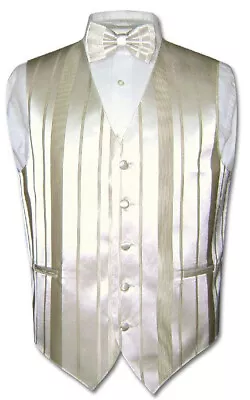 Men's Dress Vest & BOWTIE CREAM OFF-WHITE Color Woven Striped Design Bow Tie Set • $24.95