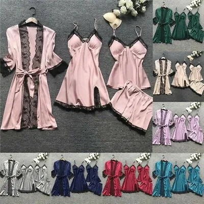 $17.09 • Buy Women Sexy Satin Silk Sleepwear Nightwear Lace Night Long Gown Dressing 4PCS/Set