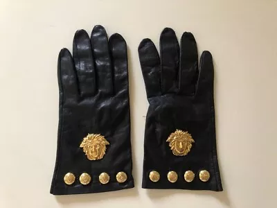 GIANNI VERSACE 1995 Black-Black  GLADIATOR  24ct Leather MEDUSA GLOVES (Size 43) • $979