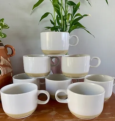 Vintage Genuine Stoneware Japan Coffee Mugs Yellow Gold Bands-Set Of 8 • $23.99