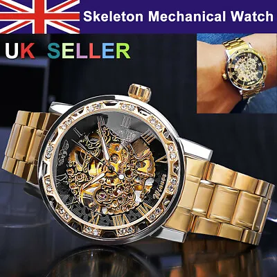 £20.99 • Buy Men's Stainless Steel Vintage Diamond Hollow Skeleton Mechanical Wrist Watches