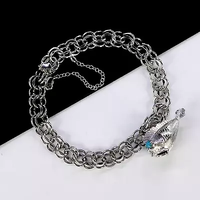 Vintage Elco Sterling Silver Double Link Bracelet Fish Charm 7  • $40