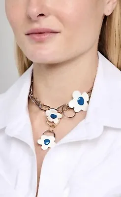 NWT Authentic MARNI Mixed Metal Enamel Floral Choker Pendant Necklace Blue/White • $299.99