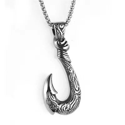 Moana Necklace Retro Punk Maui Fish Hook Men Titanium Stainless Steel Necklace • $13.99