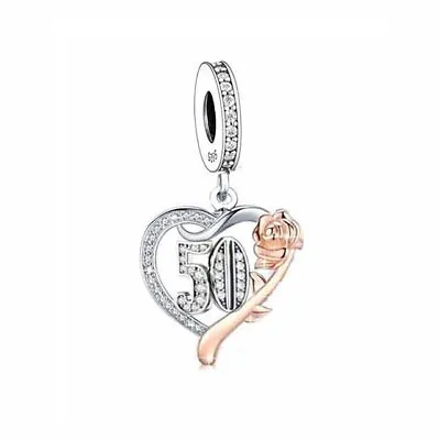 $29.99 • Buy S925 Silver & Rose Gold Sparkling 50th Birthday & Rose Charm By Unique Designs