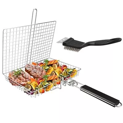 Grill Basket Large Folding Grilling Basket With Grill Cleaning Brush Stainless S • $19.29