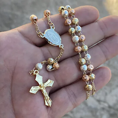 Gold Filled La Virgen De Guadalupe Rosario Oro Laminado Holy Mary Tri Color 24  • $24.95