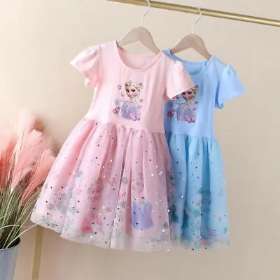 $16.99 • Buy Kid Girls Elsa Princess Summer T Shirt A-line Dress Holiday Short Sleeve Dresses