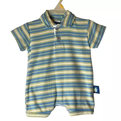 Pepper Toes Layette Blue And Green Striped Collared Polo Short Romper Size 3M • $13.67