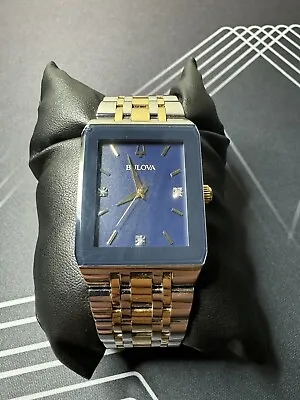 Bulova Quadra Diamond Men's Watch Blue/Silver/Gold (98D154) • $89.99