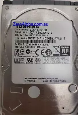 MQ01ABD100 Toshiba Donor Hard Drive AX101U X4KM 20OCT2014 • $249
