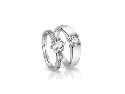 White Gold Plated Silver CZ Adjustable Engagement Promise Pair Couple Love Ring • $12.99