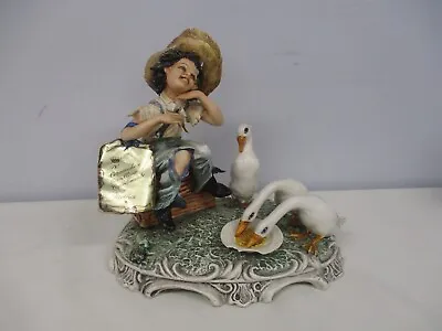 VINTAGE CAPODIMONTE SIGNED MOLLICA BOY With FLUTE FEEDING GEESE FIGURINE 7 3/4  • $15