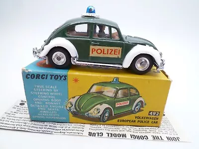 Vintage Corgi Toys 492 Volkswagen Beetle European Police Car & Original Box 1966 • $6.21