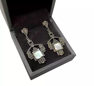Vintage 925 Sterling Silver Earrings Marcasite And Mother Of Pearl Art Deco • £29.99