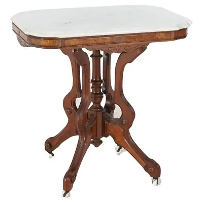 Antique Eastlake Carved Walnut & Burl Marble Top Parlor Table C1880 • $960