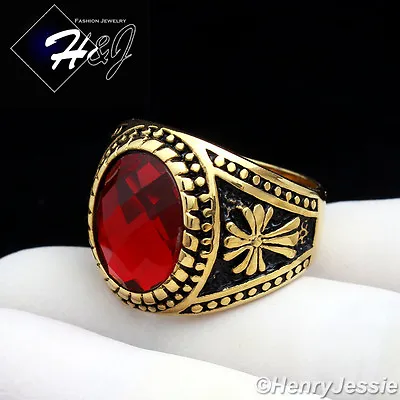 MEN's Stainless Steel Gold/Black Plated Simulated Oval Ruby Vintage Ring*R88 • £16.40